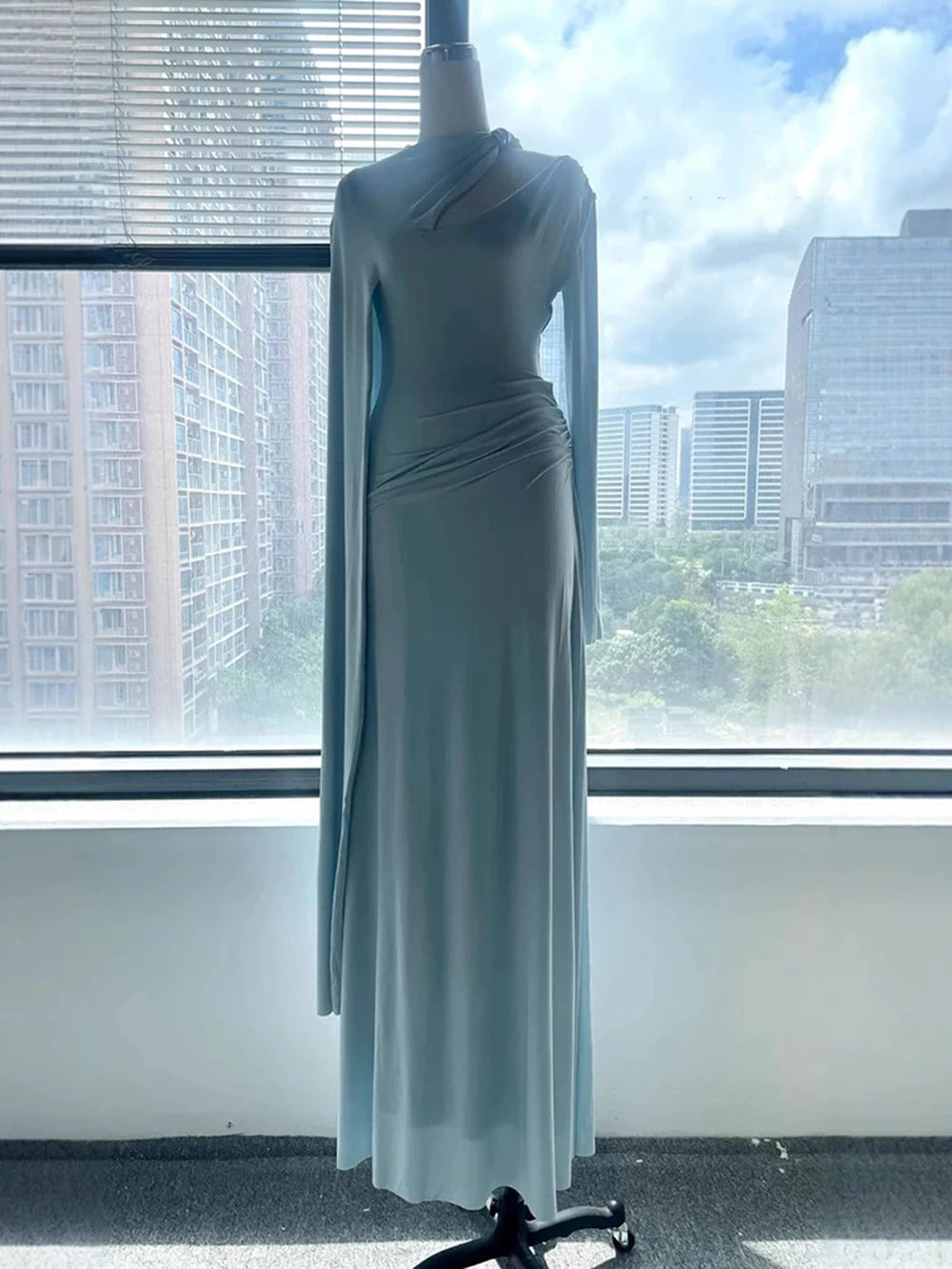 Women'S Metal Buckle Elegant Soft Dress Solid Spliced Folds Long Sleeved Slim Asymmetric Design Long Dress Female New