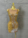 2026 New Sexy Fashion Gold Sparkly Dance Show Stage Costume Women Birthday Party Rhinestones Tassels Transparent Short Dress