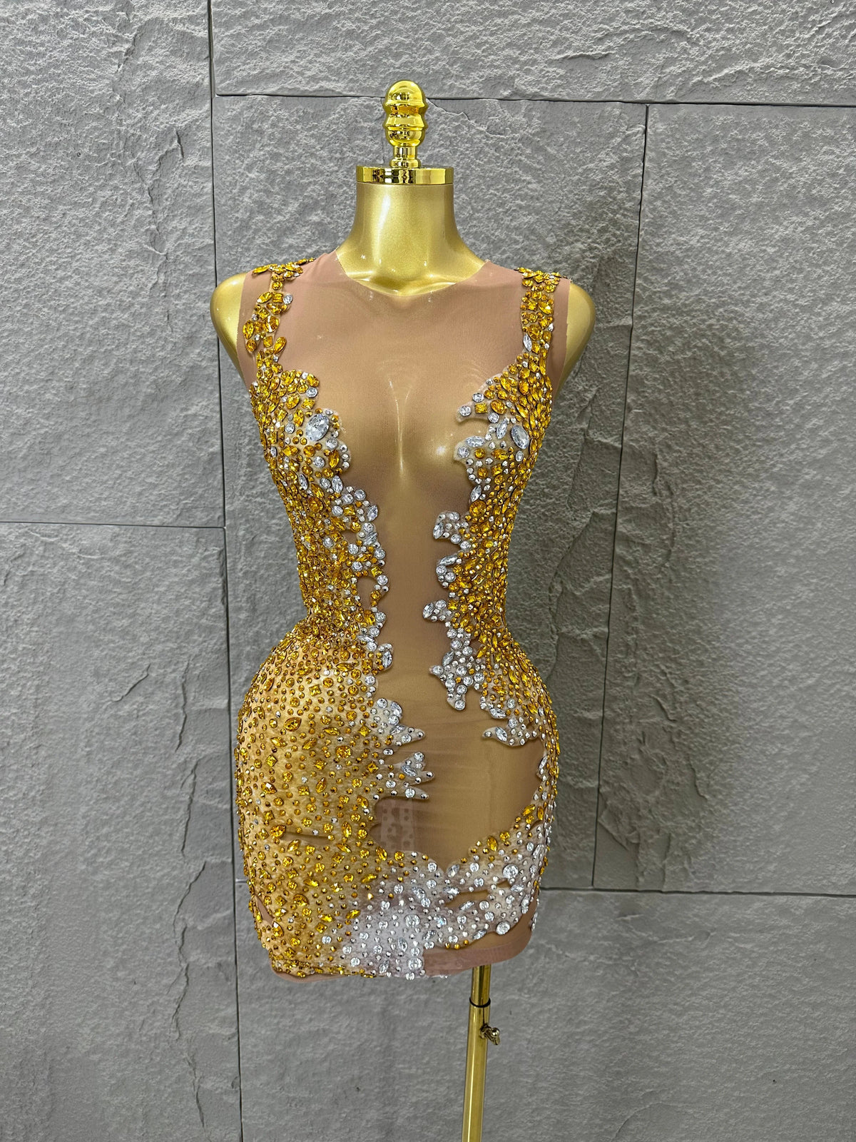 2026 New Sexy Fashion Gold Sparkly Dance Show Stage Costume Women Birthday Party Rhinestones Tassels Transparent Short Dress