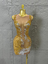 2026 New Sexy Fashion Gold Sparkly Dance Show Stage Costume Women Birthday Party Rhinestones Tassels Transparent Short Dress