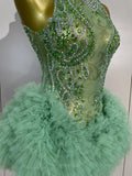 Women Birthday Party Costume Bar Nightclub Singer Sexy Stage Performance Outfit Sparkly Green Diamonds Mesh See Through Bodysuit