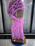 Purple Color Women Sleeveless Sexy Ruffles Mesh See Through Bodycon Long Dress Red Carpet Celebrate Show Girls' Performance Wear