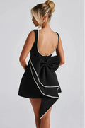 Chic Pearl Bow Short Dress for Women Backless Casual Mini Dresses White Black Pink Wedding Guest Summer Bridesmaid Robe Birthday