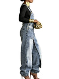 Women Baggy Jeans Overalls Wide Leg Irregular Wrap Washed Streetwear Chic Pocket Casual Autumn