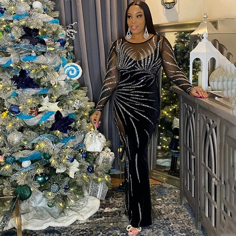 Long Sleeve Sheer Dresses Women Sexy Diamonds Autumn Winter Maxi Bodycon Bandage Birthday Evening Party Dress Vestidos