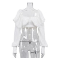 French Vintage White Ruffled Crop Top for Women Lace Trim Puff Sleeves Back Tie Design Blouse for Romantic Dates