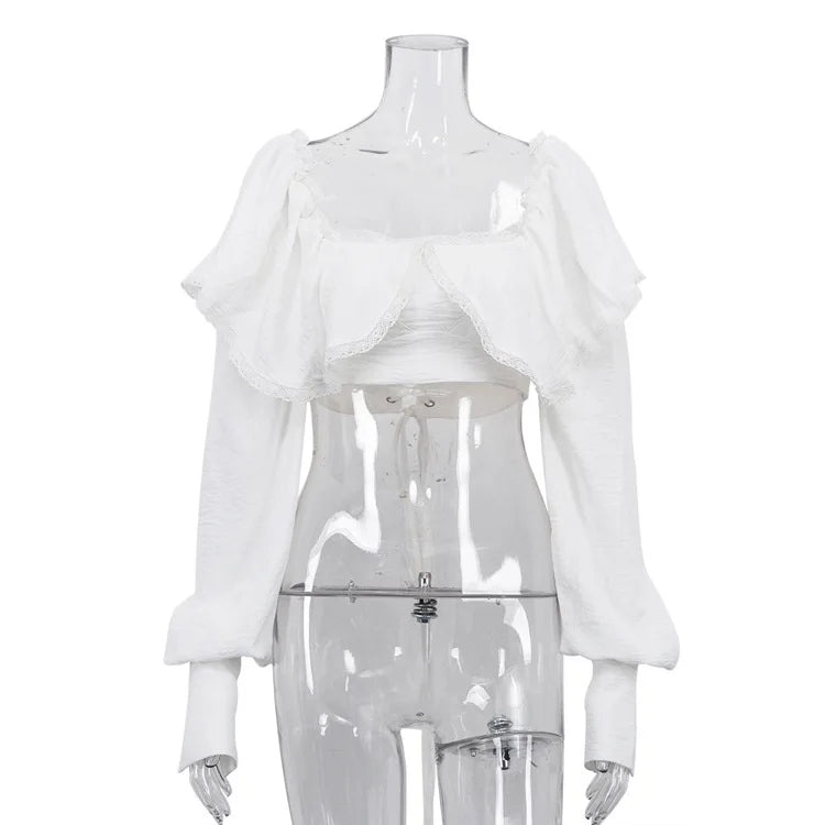 French Vintage White Ruffled Crop Top for Women Lace Trim Puff Sleeves Back Tie Design Blouse for Romantic Dates