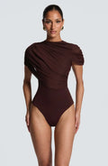 Ladies Bodycon Mesh Ruched Romper Asymmetric Draped Shoulder Mock Neck Short Jumpsuit Slim Fit Wrap Hem Cocktail And Clubwear