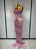 Women Luxury Prom Gowns Sparkly Rhinestones Tassel Mesh Maxi Long Luxury Birthday Celebrity Sexy Evening Club Party Dresses