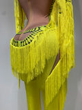 Yellow Tassel Stretch Bodycon Jumpsuit Nightclub Gogo Dance Clothing Dj Rave Outfit Nightclub Party Singer Performance Outfit