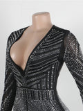 Sparkle Black Rhinestone Long Pants Jumpsuits Womens Autumn Long Sleeve Crystal Rompers Nightclub Outfits Clubwear