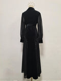 Elegant Patchwork Beading Formal Party Dresses for Women O Neck Long Sleeve Spliced Sheer Mesh Midi Dress Female Clothing