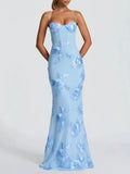 Hot Girl Blue Maxi Dresses for Women Square Collar Sleeveless Patchwork Embroidery Party Fishtail Dress Female New