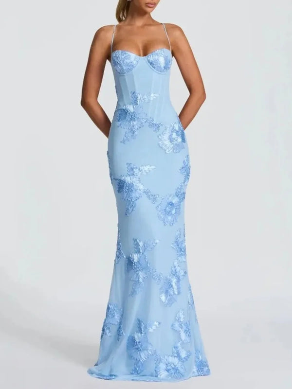 Hot Girl Blue Maxi Dresses for Women Square Collar Sleeveless Patchwork Embroidery Party Fishtail Dress Female New