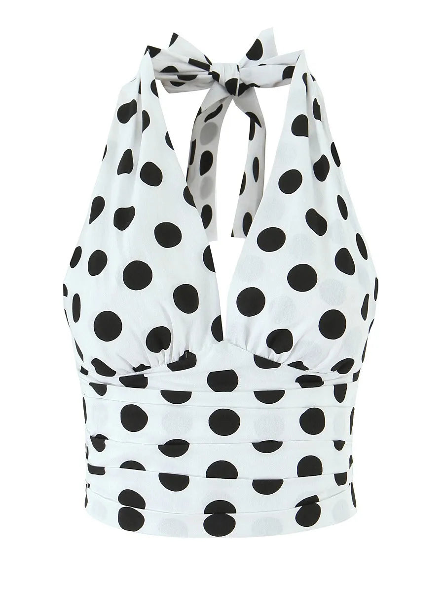 Beach Party Two Piece Set for Women Halter Neck Sleeveless Vest High Waist Polka Dot A Line Midi Skirt Suit Female
