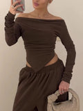 Solid Two Piece Set for Women Slash Neck Irregular Hem Long Sleeve Top High Waist Straight Pant Casual Suit Female