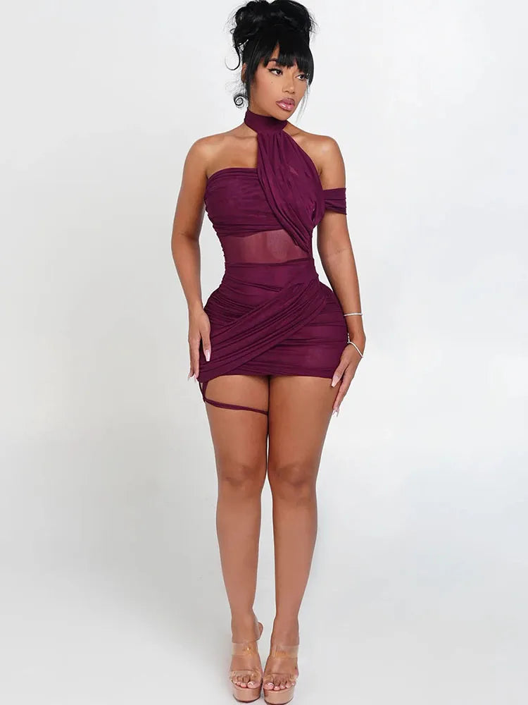 Sexy Cross Bandage Dress Women See Through Y2K Backless Halter Sleeveless Summer Trend Midnight Clubwear Mini Bodycon