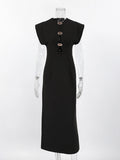 Black Loose Spliced Buttos Chic Dresses for Women O Neck Sleeveless Elegant Commute Dress Female Summer Fashion New