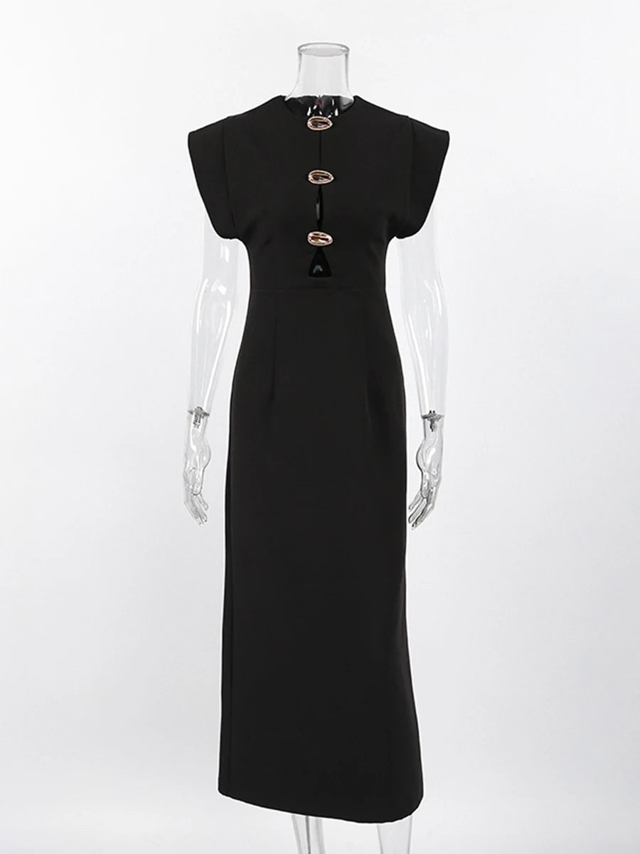 Black Loose Spliced Buttos Chic Dresses for Women O Neck Sleeveless Elegant Commute Dress Female Summer Fashion New
