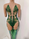 Luxurious Green Rhinestone Sheer Bodysuit Tassel Tail Ideal for Clubbing Festivals and Special Occasions Stage Performance
