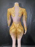 Sexy Skinny Leotard Singer Dancer Show StageWear Sparkly Blue Rhinestones Women DanceCostume Fringes One Shoulder Bodysuit  7G