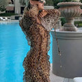 Sexy Chiffon Leopard Printing Dress for Women V Neck Long Sleeve Patchwork Lace Up Split Evening Club Maxi Dresses