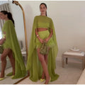 Lime Two Piece Set Long Flowing Cape Crop Top Feather Trim High Waist Mini Skirt 2026 Summer Party Lady Chic Outfit