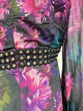 Elegant Floral Printing Long Dressess For Women Stand Collar Lantern High Waist Spliceed Rivet Hollow Out Dress Female New