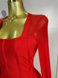 Sexy 3D Red Black Rose Flowers Mesh Long Sleeve Bandage Mini Dress Evening Prom Birthday Party Photo Shoot Cocktail Party Dress
