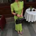 Short Sleeve Knitted Long Dress Female Slim Hollow Retro Elegant Sweater Dress 2025 Summer New High Waist Women‘s Dress