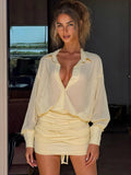 Ruched See Through Dress Women Patchwork Single-Breasted Full Sleeve Bandage Tassel Trend Streetwear Mini Bodycon