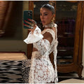 Sexy Lace Hollow Out Skirt Sets Women Crop Flare Sleeve Tops See Through Hip Package Mini Skirts 2026 Summer Lady Party Outfits