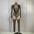 Sexy Sparkly Diamonds Leopard Print Bodycon Stretch Jumpsuit Women Eveing Party Nightclub Singer Dancer Stage Performance Outfit