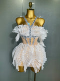 Sexy Shining Gold Crystal Transparent Wings Mini Dress 2025 Women Birthday Party Bar Nightclub Singer Stage Performance Costume