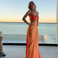 2026 Chic Gradient Hollow Out Maxi Dress Women Sexy Backless Sleeveless Sling Long Dress Summer Vacation Boho Beach Satin Outfit