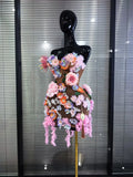 3D Florals Women Sexy Strapless Mesh High Stretch Kaced-up Bodycon Midi Dress Bar Singer TV Performance Costumes Stage Wear