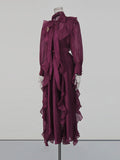 Solid Spliced Ruffles Folds Fashion Dresses for Women Tie a bow collar Long Sleeves High Waist Lace Up Maxi Dress Female