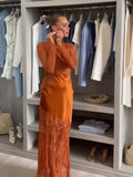 Women Sheer Lace Satin Mermaid Maxi Gown High Neck Long Sleeve Cutout Back Slim Fit Robe Formal Wedding Party 2026New Hot Gowns