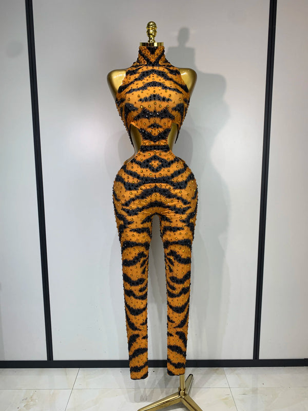 Sparkly Rhinestone Tiger Pattern Tight Fitting Jumpsuit Evening Party Sexy Nightclub DJ Stage Performance Outfit