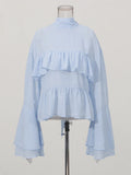 Solid Spliced Ruffles Slimming Blouses for Women O Neck Long Sleeve High Waist Shirts Female Fashion