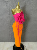 Luxury Elegant Orange Pink Strapless Bodycon Midi Dress Women Sexy 3D Floral Applique Outfit Date Night Party Costum