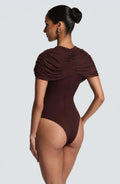 Ladies Bodycon Mesh Ruched Romper Asymmetric Draped Shoulder Mock Neck Short Jumpsuit Slim Fit Wrap Hem Cocktail And Clubwear