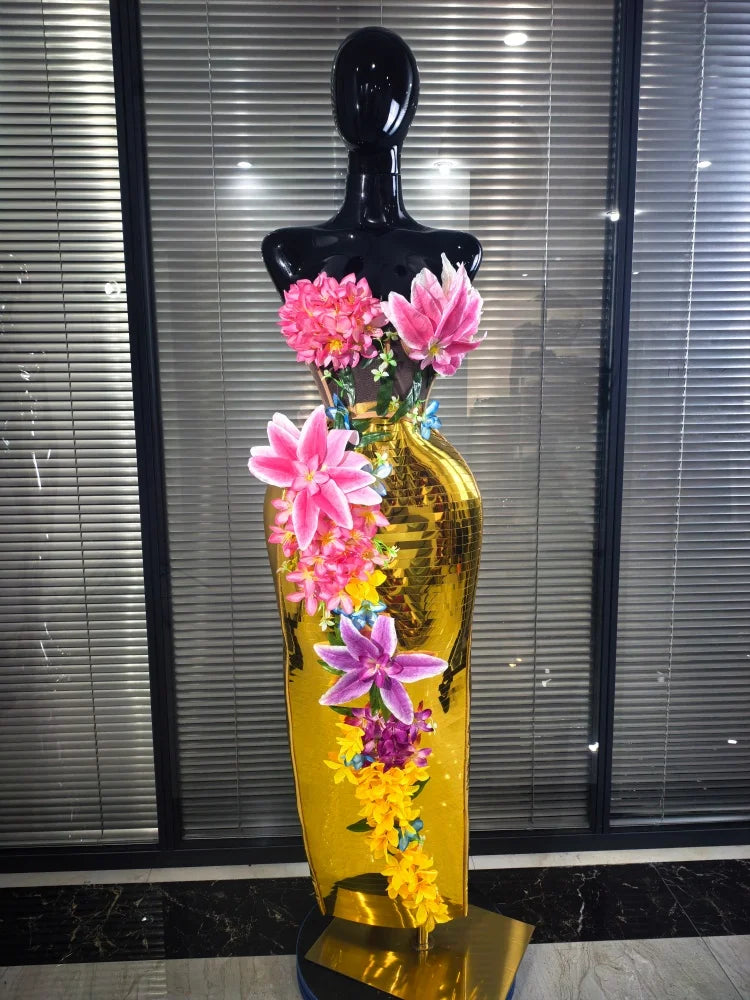 Golden Sequined Women Sexy Florals Tops Bodycon Long Skirt 2 Pieces Set Celebrate Evening Party Birthday Photoshoot Wear