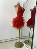 Sexy Halter Beading Feather Mini Dress For Women Backless Luxury Birthday Celebrity Evening Gowns Performance Wear