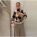 Argyle Jacquard Knit Pullover Women Khaki Crew Neck Drop Shoulder Flare Sleeve Sweater Autumn Winter Vintage Casual Fashion Top