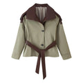 Grey Contrast Cropped Trench Coat Women Lapel Double Breasted Jacket Lady Autumn Winter Daily Lady Streetwear Outerwear 2026 New