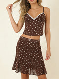 Casual Coffee Polka Dot Two Piece Set for Women Lace Trim Cami Sheer Mesh Ruffled Midi Skirt Set for Vintage Dates