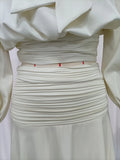 Elegant Chic Apricot Two Piece Set for Women Scarf Collar Puff Sleeve Blouse Midi Waist Flowy Skirt for Office Formal Events