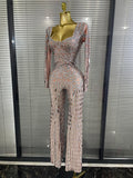 Sparkly Rhinestones Mirrors Women Long Sleeve High Stretch Bodycon Long Jumpsuit Bar Singer Performance Cotumes Stage Wear