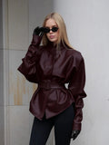 American Retro Burgundy Leather Jacket for Women Stand Collar Long Sleeves Slimming Design Coat Female Winter New